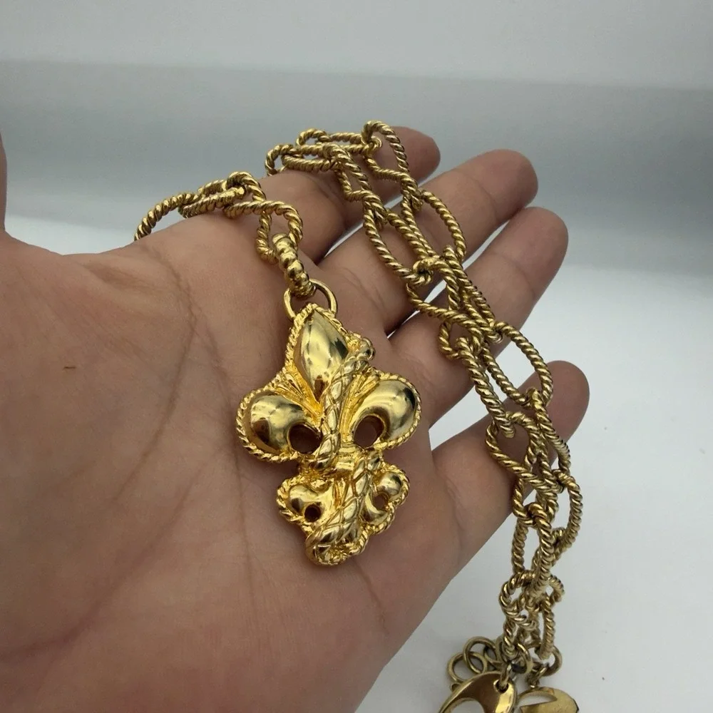 Vtg JUST CAVALLI Fleur De Liss Snake Necklace Chunky Gold Tone Sepant Y Drop